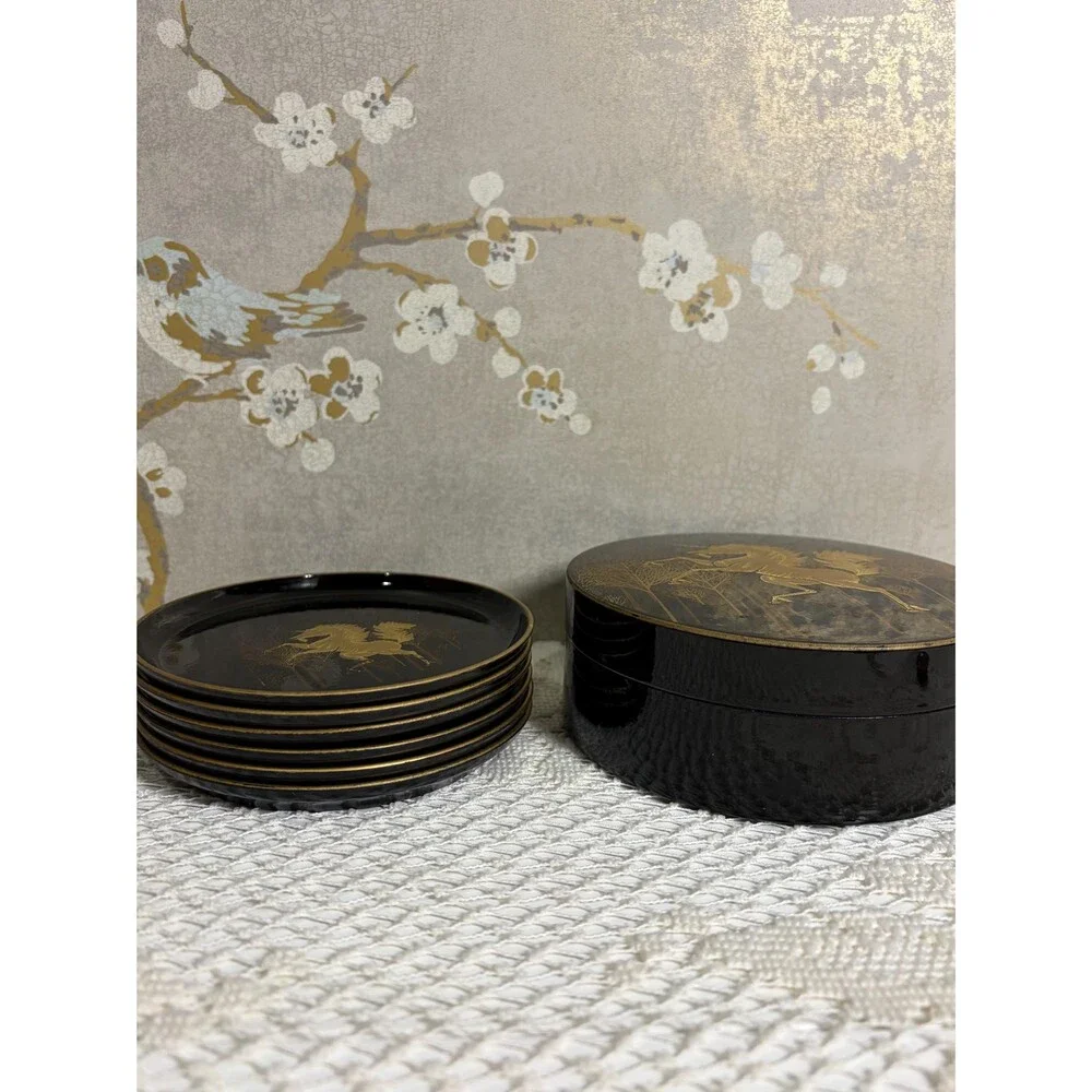 Vintage Otagiri Japan Black Gold Lacquer Unicorn Coaster Set with Lidded Box